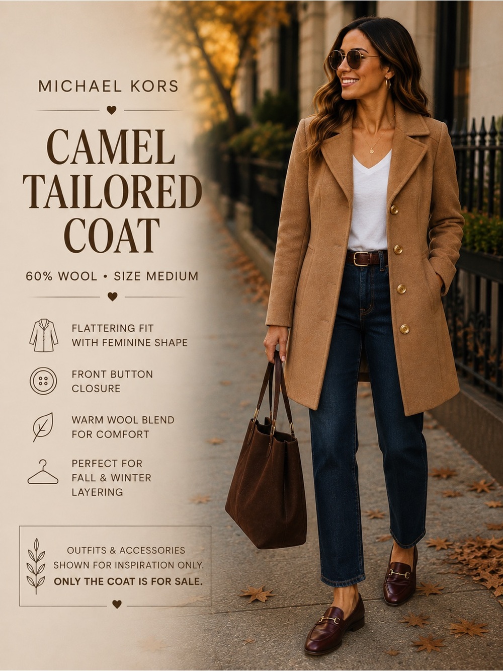 Wool-Blend Camel Tailored Coat with Button Front
